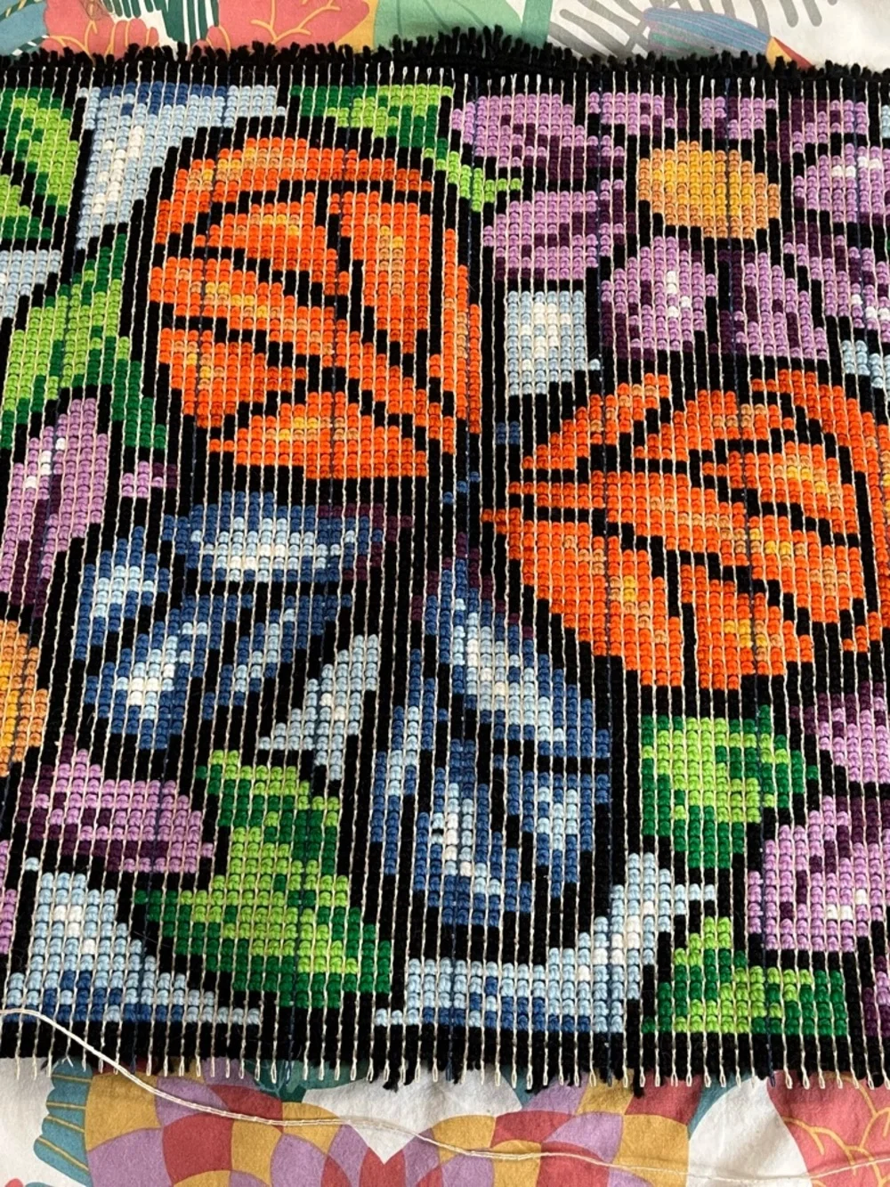 Vintage Handmade Floral Butterfly Latch Hook Wall Hanging - Orange, Blue, Purple